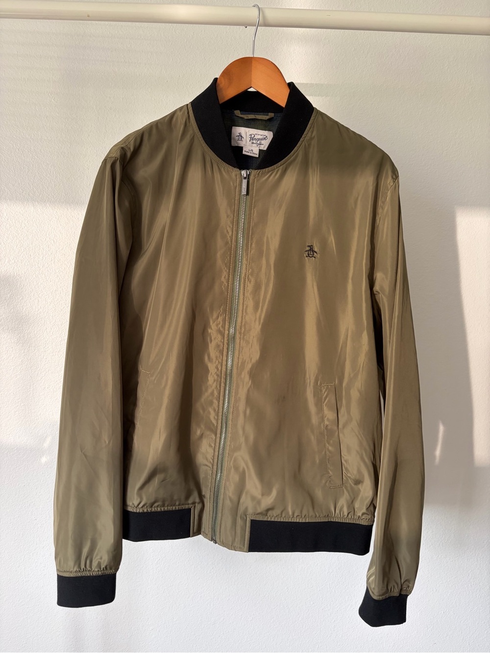 Original Penguin Olive Green Bomber Jacket with Black Trim Scotch Lining